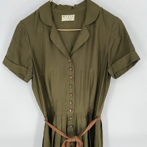 Wyeth by Todd Magil Green Silk Pleated Short Sleeve Dress Women's Size M - Picture 9 of 9